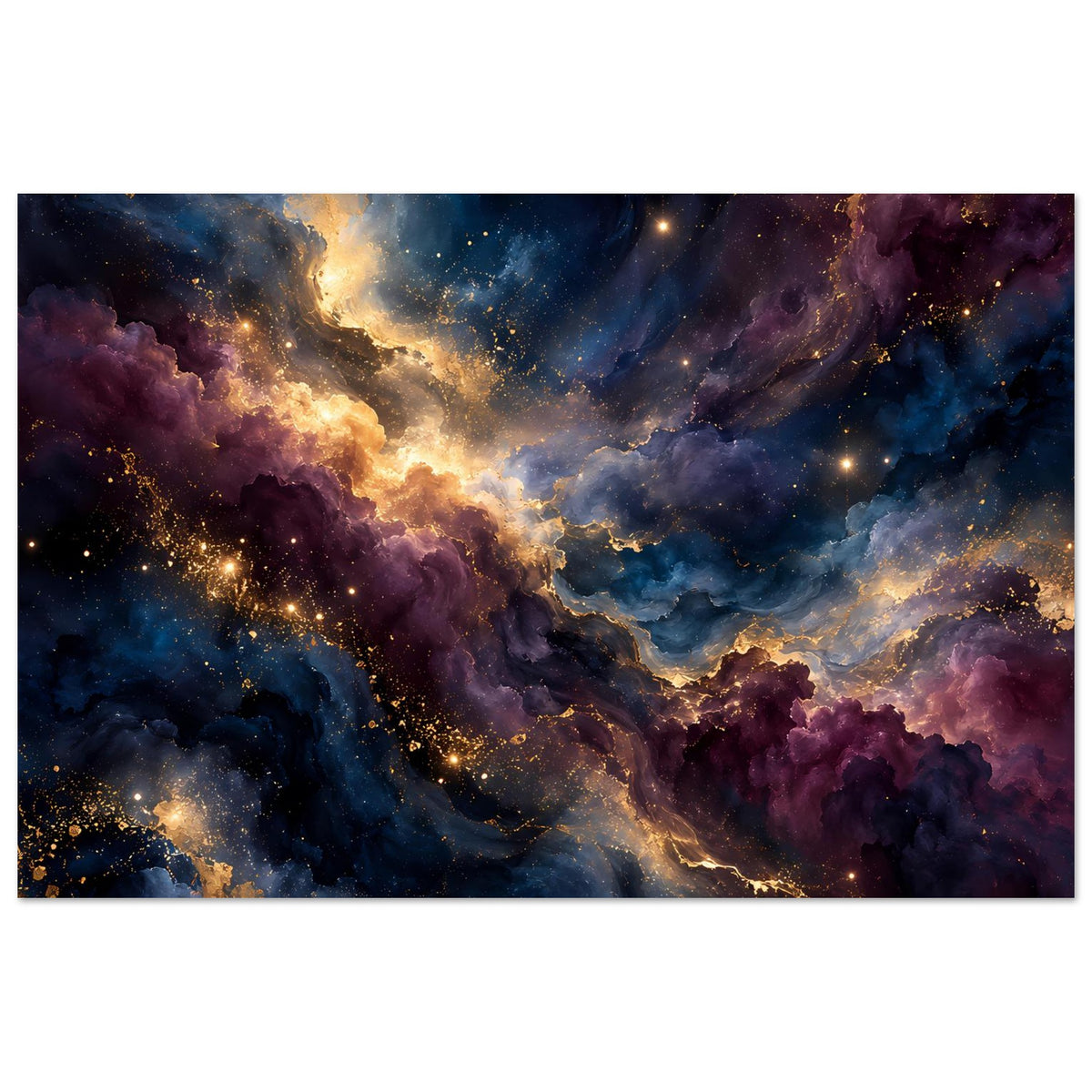 Wandposter im Querformat mit violetten Wolkennebeln, blauen Zonen und Sternen