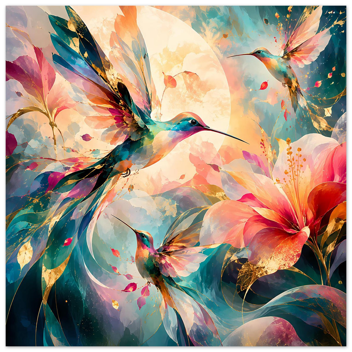 Kunstposter mit drei Kolibris, bunten Federn und großen Blüten in Aquarelloptik