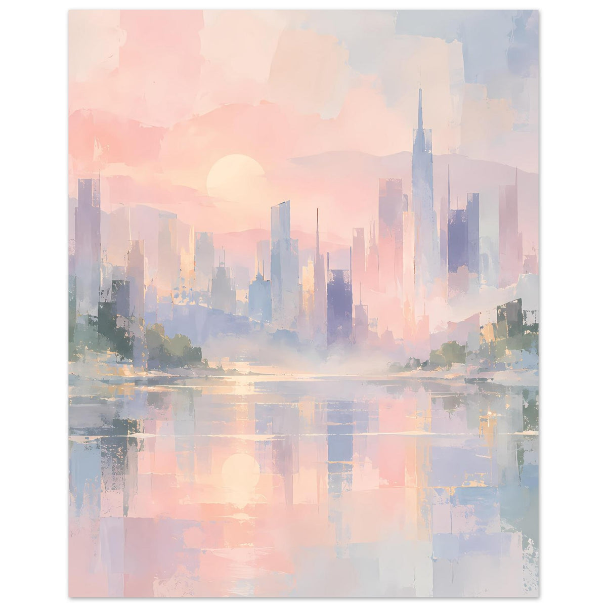 Abstraktes Stadtskyline-Poster im Hochformat, pastellfarbene Hochhäuser und Wasserfläche
