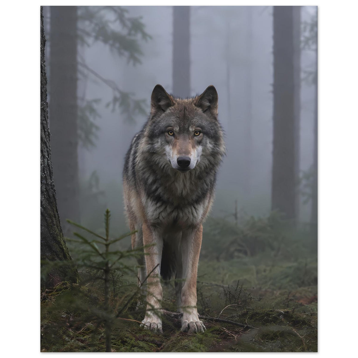 Poster mit grauem Wolf im Nebelwald, Baumstamm links angeschnitten