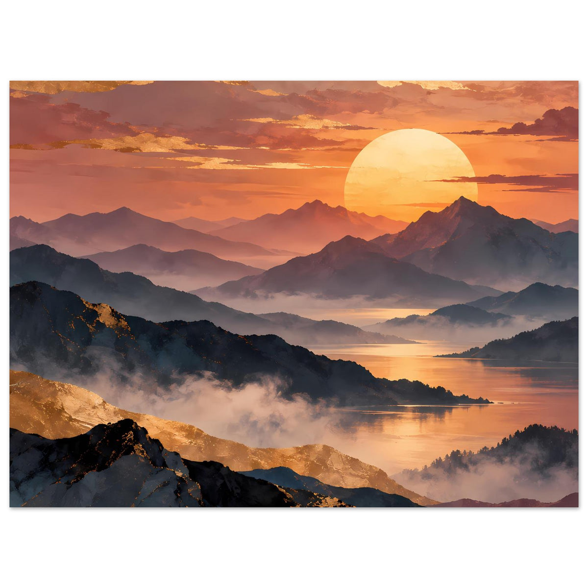 Horizontales Landschaftsposter mit Sonnenball, Bergkämmen, Nebel über Wasser und wolkigem Himmel