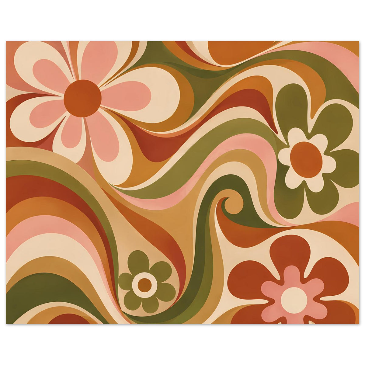 Florales Poster im Querformat mit Blumen und geschwungenen Linien in Olivgrün und Orange