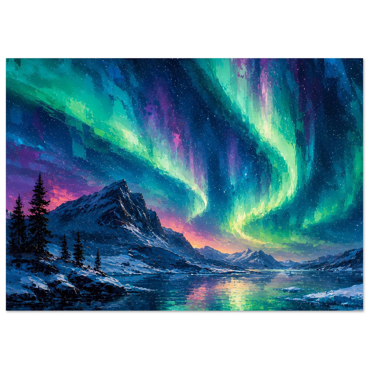 Poster im Querformat: Nordlichter über schneebedecktem Flusslauf, Berge im Hintergrund