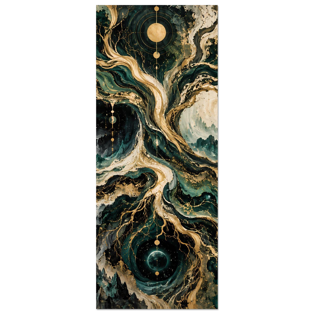 Hochformat-Poster: kosmischer Baum mit Mond links unten und schimmernden Wurzellinien