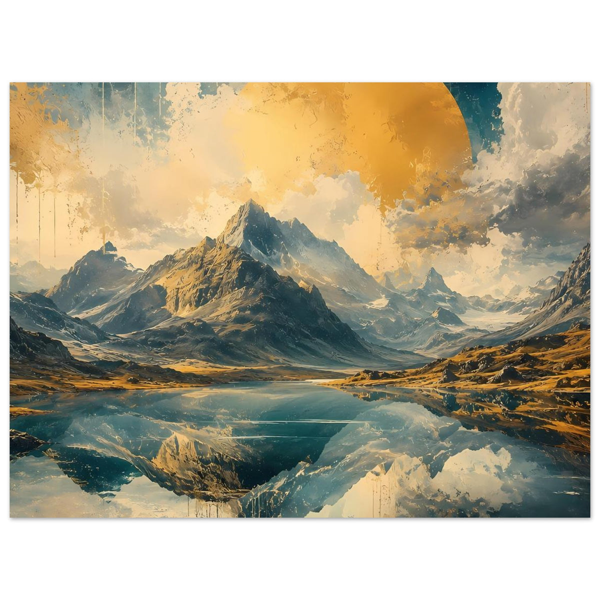 Poster mit Berglandschaft und Spiegelung, blau-goldene Farbflächen, Querformat