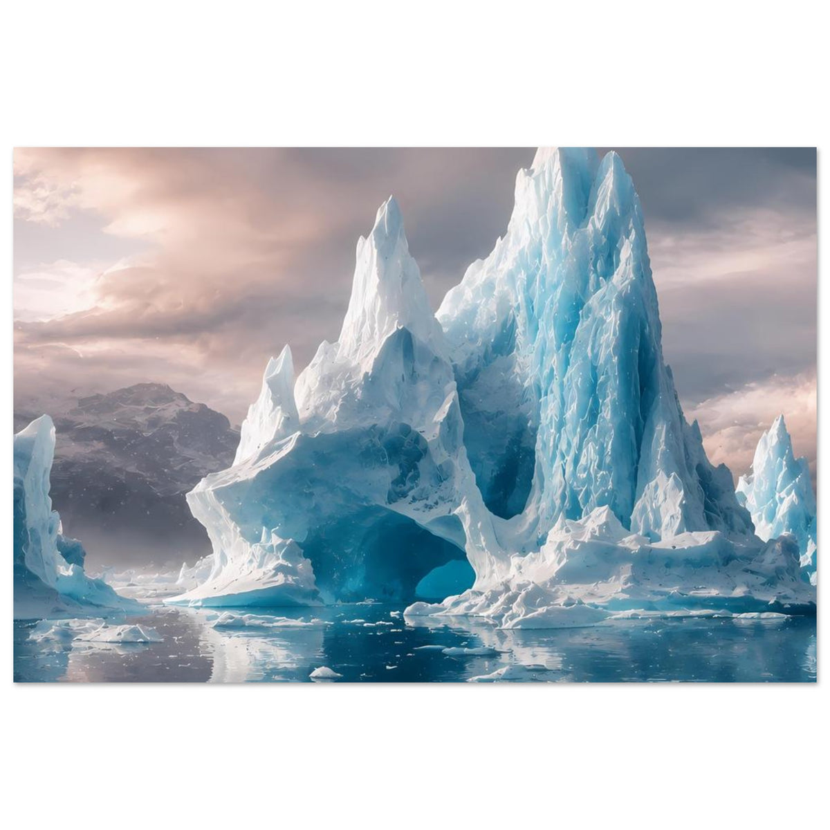 Eisberg-Poster mit hohen Gletscherspitzen und Spiegelbild im Wasser, horizontale Ansicht