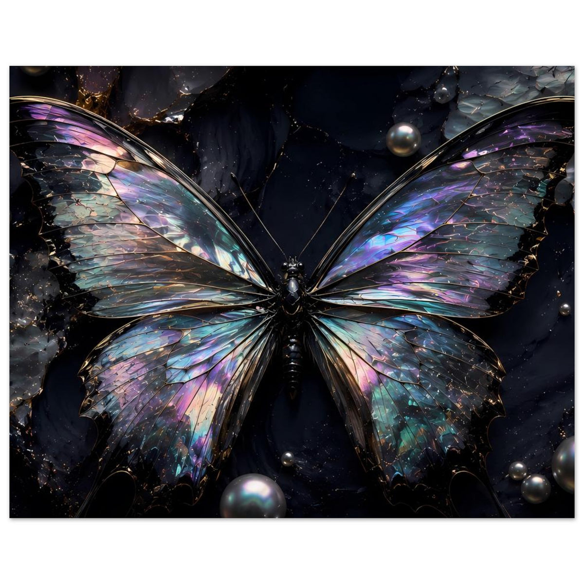 Schmetterling-Poster mit schillernden Flügeln, breitem Flügelpaar und markanter Flügelmitte.