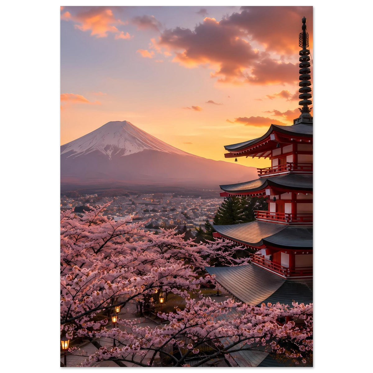Vertikales japanisches Poster: Berg Fuji, Kirschblüten und Pagode bei warmem Abendhimmel