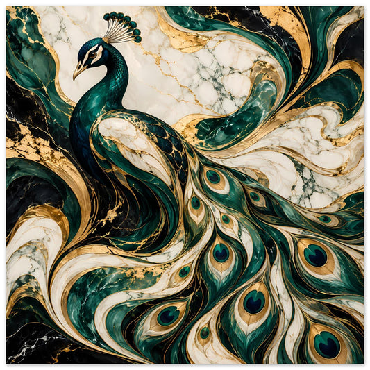 Poster mit Pfau-Motiv in Smaragdgrün und Gold, große Pfauenfächer und Wirbel