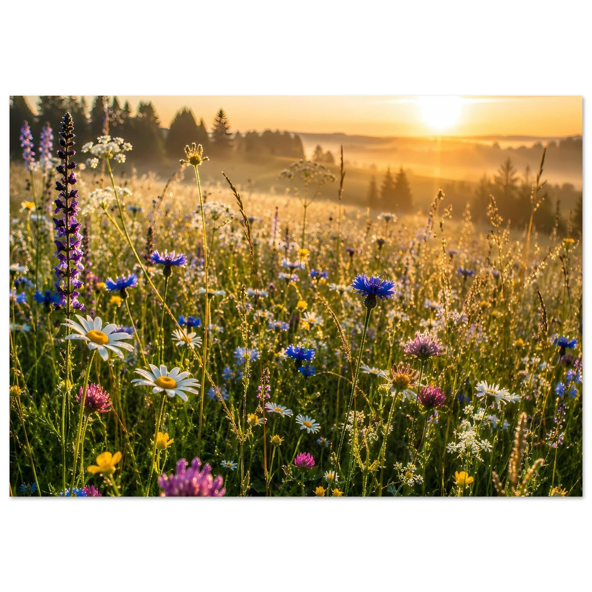 Wildblumenwiesen-Poster, horizontal: Blumenwiese mit blauen und weißen Blüten vor goldenem Himmel