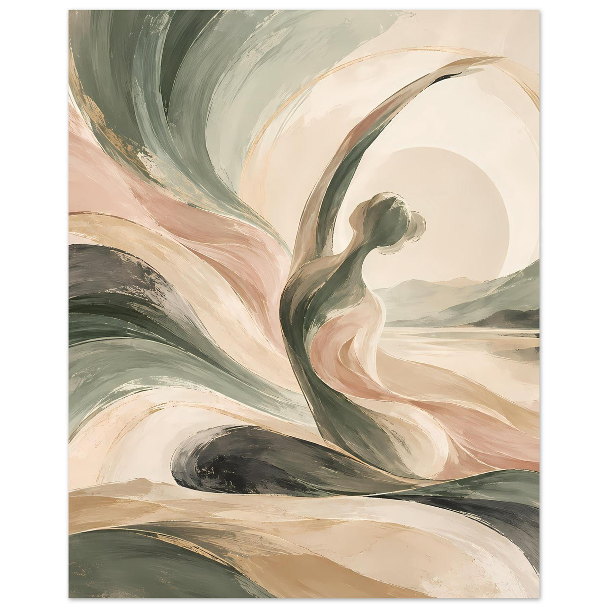 Abstraktes Kunstposter mit Wirbelstrukturen und hellem Rundmotiv, Grün-Beige, vertikal