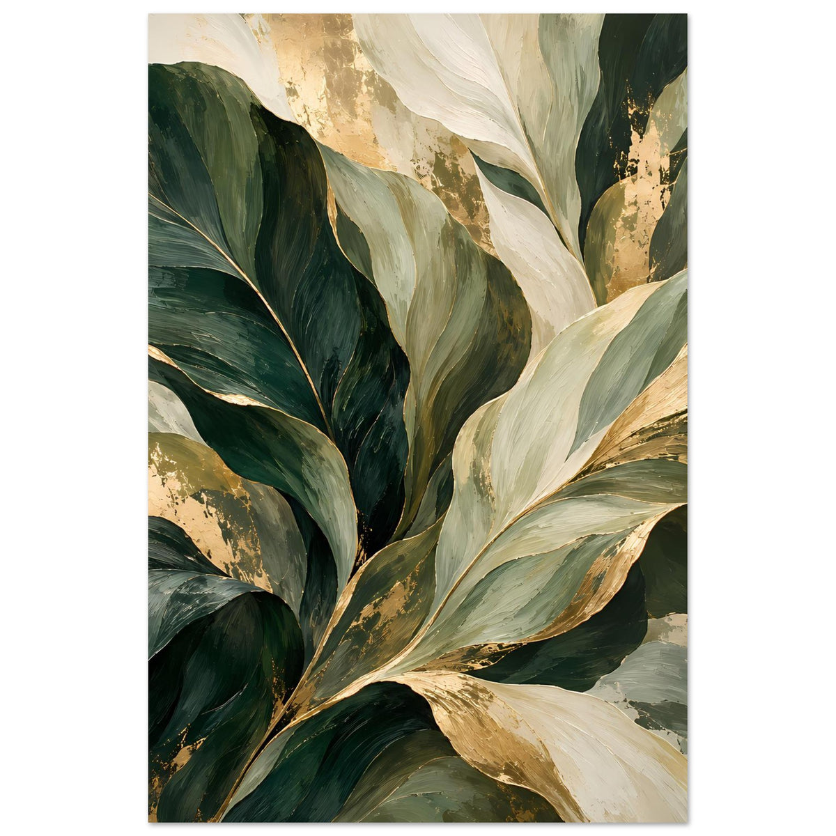 Botanik-Poster mit Blattmix aus Dunkelgrün und Creme sowie goldenen Tupfern, hochkant