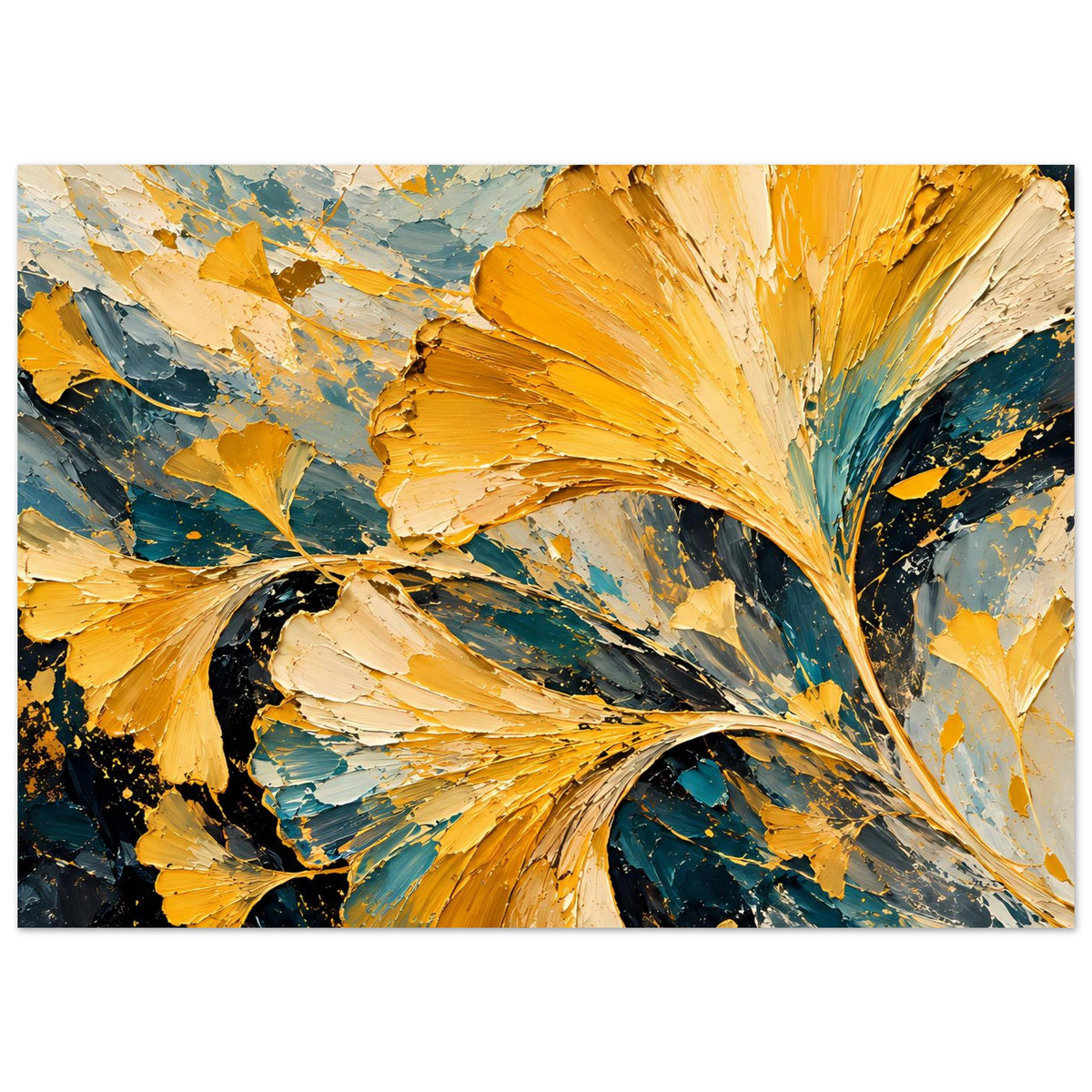 Breites Poster mit gold-teal Ginkgo-Motiv, kräftigen Pinselstrichen und schwarzen Spritzern