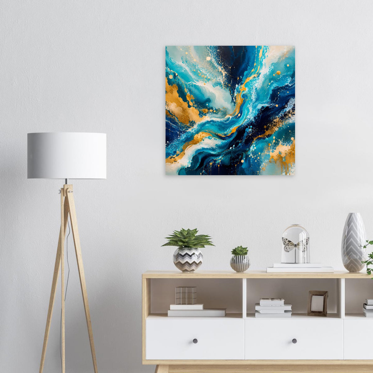 Quadratisches Kunstposter, abstrakte Blau‑Gold‑Wirbel mit hellen Flecken und Spritzern