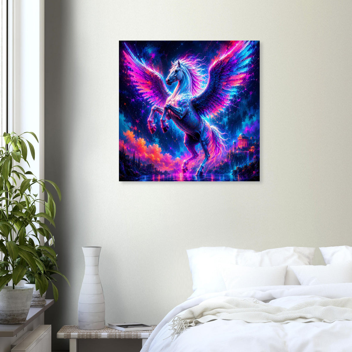 Quadratisches Pegasus-Poster im Neonfarblook, blauviolette Flügel, schwarz gerahmt