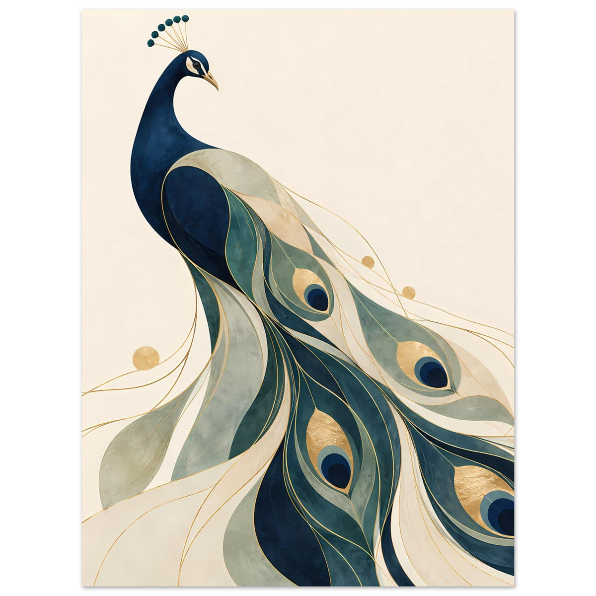 Poster mit Pfau in Blau, Grün und Gold, Federaugen, Hochformat
