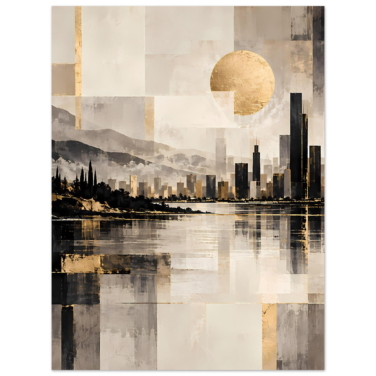 Hochformat-Cityscape-Poster mit goldener Sonne, schwarzen Gebäuden und gold-grauer Reflexion