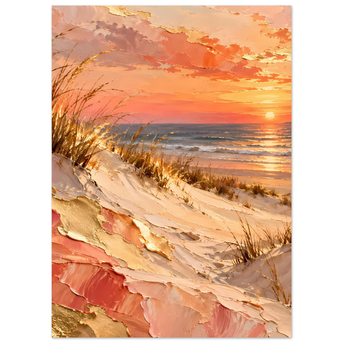 Meerposter mit Küste bei Sonnenuntergang, Sanddünen und Dünengras, warmes Pfirsich- und Goldfarbschema