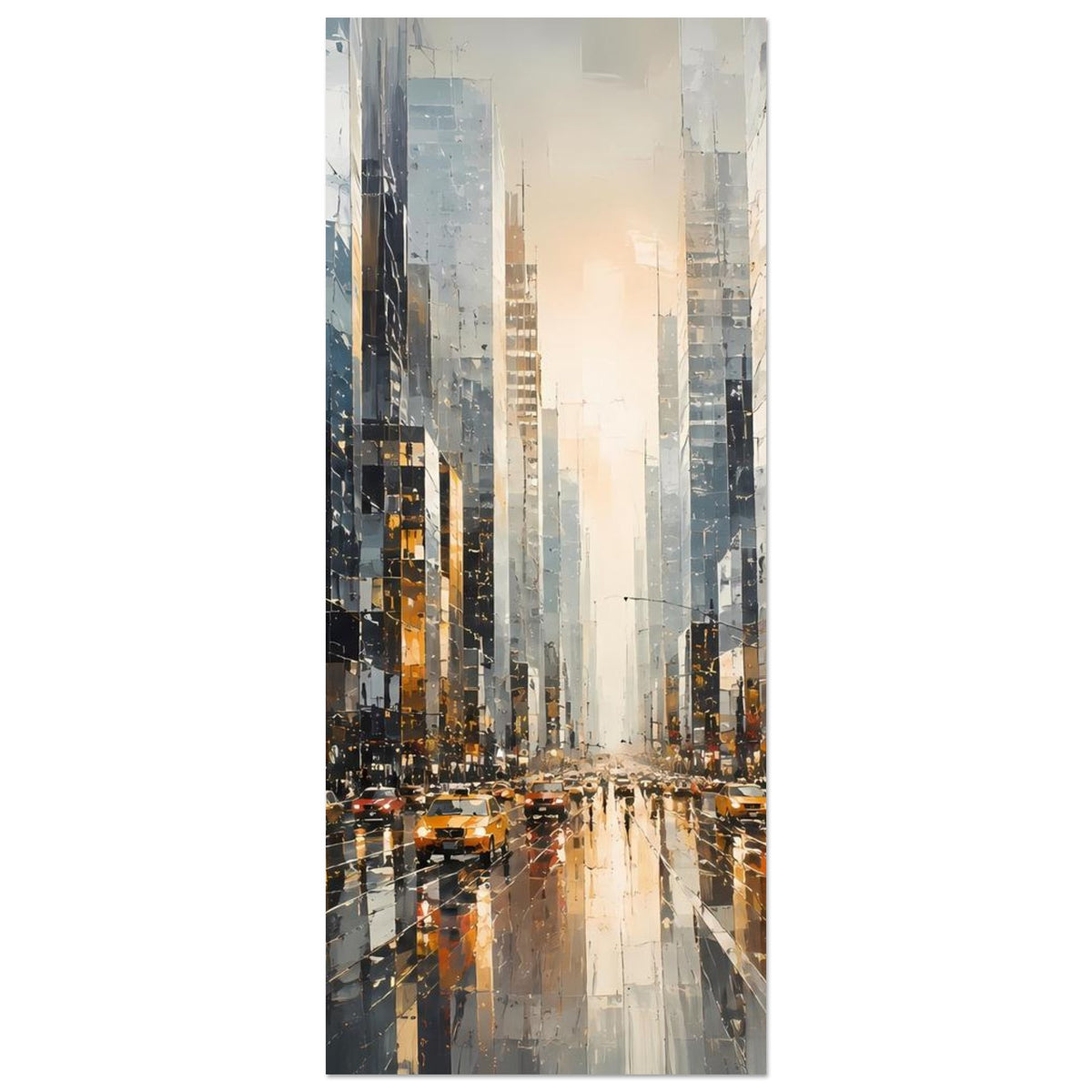 Vertikales Stadtposter: Großstadtstraße mit Hochhäusern und gelben Taxis, leuchtende Reflexe