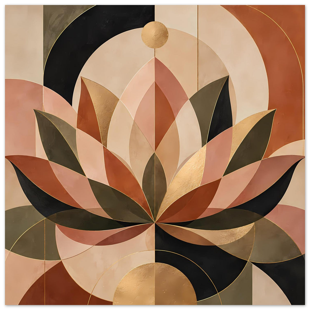 Geometrisches Lotusposter mit goldfarbenem Mittelpunkt und warmen Erdtönen, senkrecht gerahmt