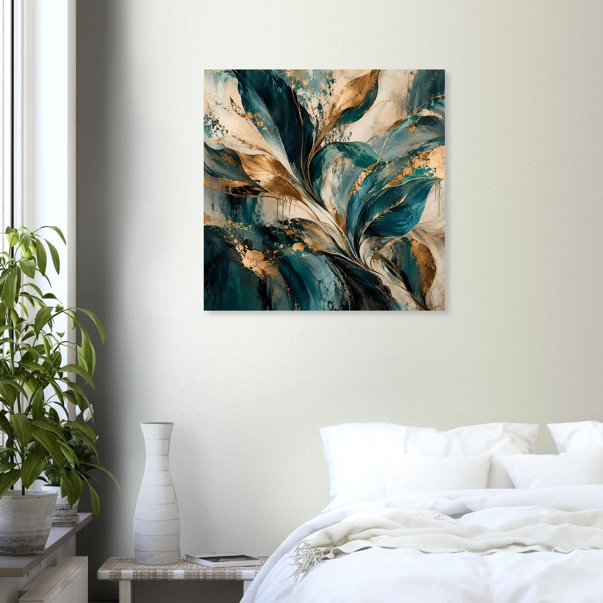 Abstraktes Blattkunst-Poster mit blauem Blatt-Motiv in Gold- und Beigetönen
