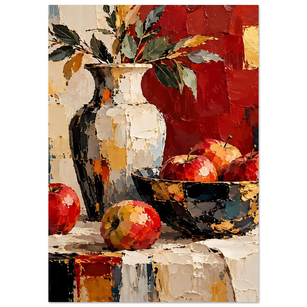 Kunstposter (Hochformat) mit Vase und gold-schwarzer Schale voller roter Früchte