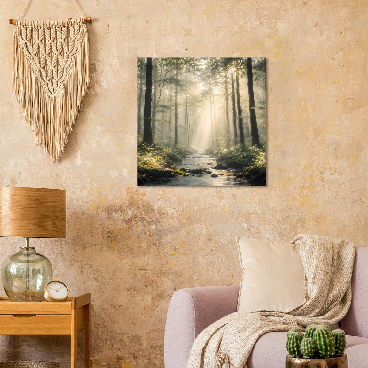 Natur-Poster: Wald mit Sonnenstrahlen und ruhigem Bach, gerahmter Fotoprint