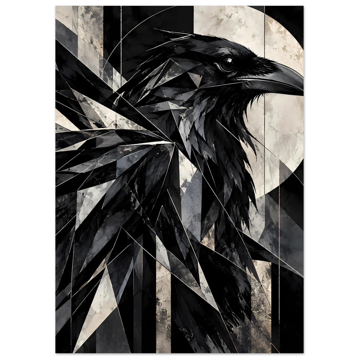 Kunstposter mit Rabenmotiv, schwarz-weiße, facettierte Federstruktur im geometrischen Look.
