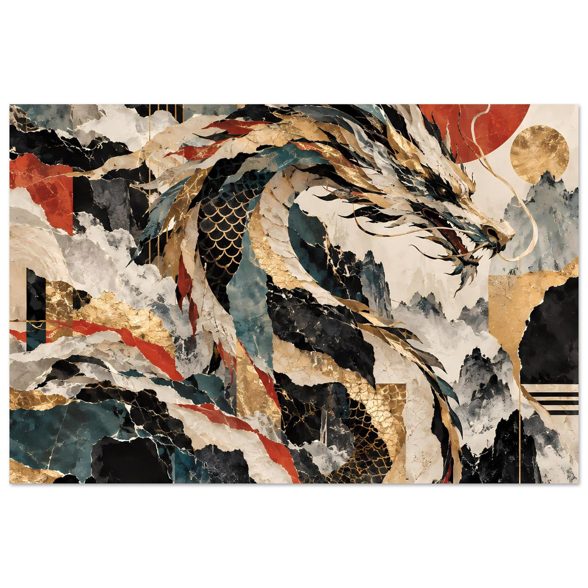 Abstraktes Drachenposter mit goldenen Akzenten, weiße und dunkle Zonen, rotes Element, horizontal