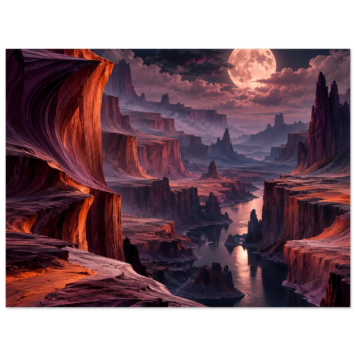 Breites Landschaftsposter: leuchtender Mond über Schlucht, roter Canyon und dunkler Flusslauf.