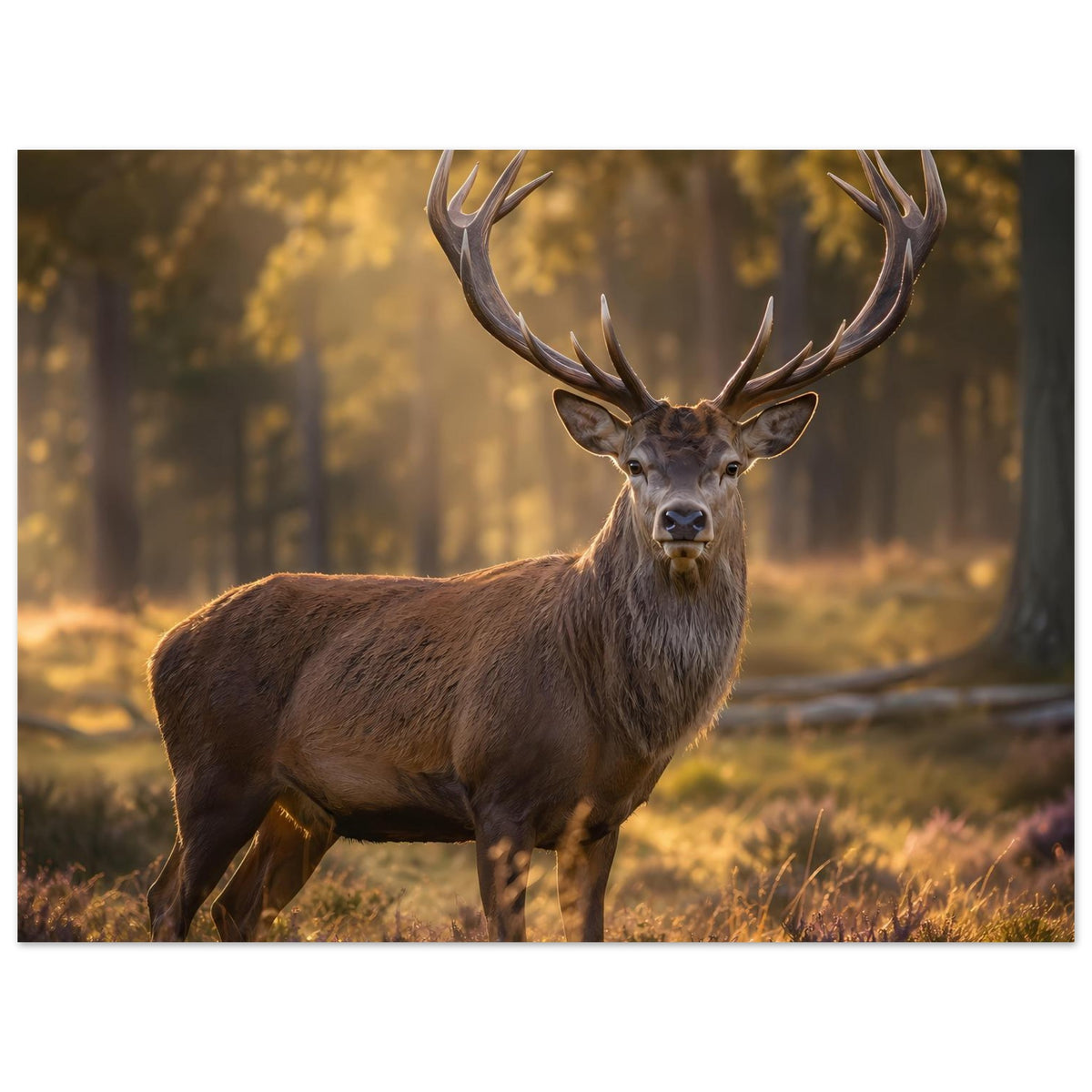 Poster mit Hirsch im Wald, brauner Körper, großes Geweih, freistehend im Vordergrund