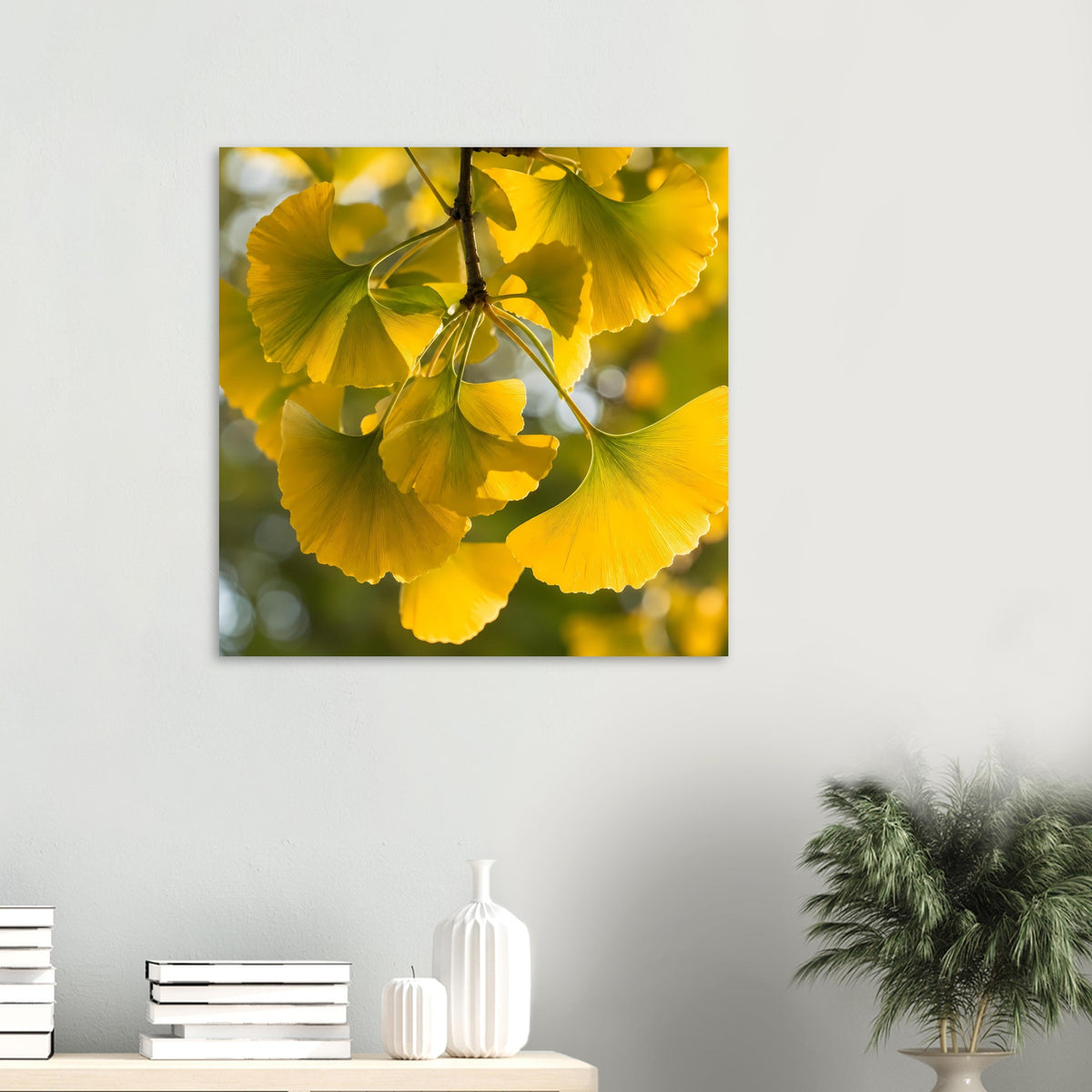 Kleines Ginkgoblatt-Poster: gelbe Blattwedel mit grünen Adern an dunklem Zweig