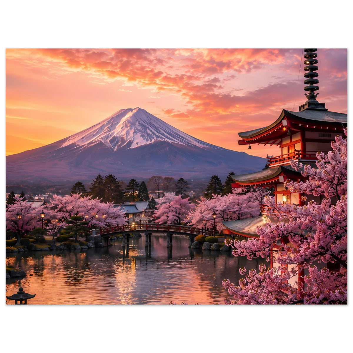 Poster mit Fuji-Berg, Kirschblüten, Tempel und Weg/Brücke über dem Wasser