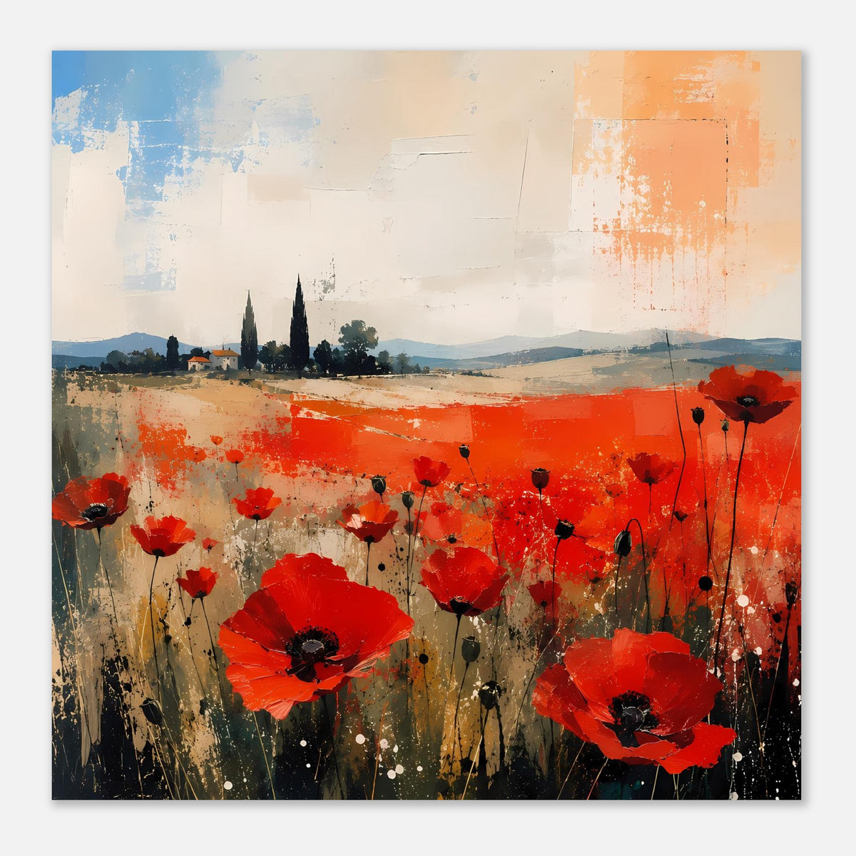 Poster mit roten Mohnblumen und abstrakter Landschaft, dunkler Untergrund mit leuchtendem Rot