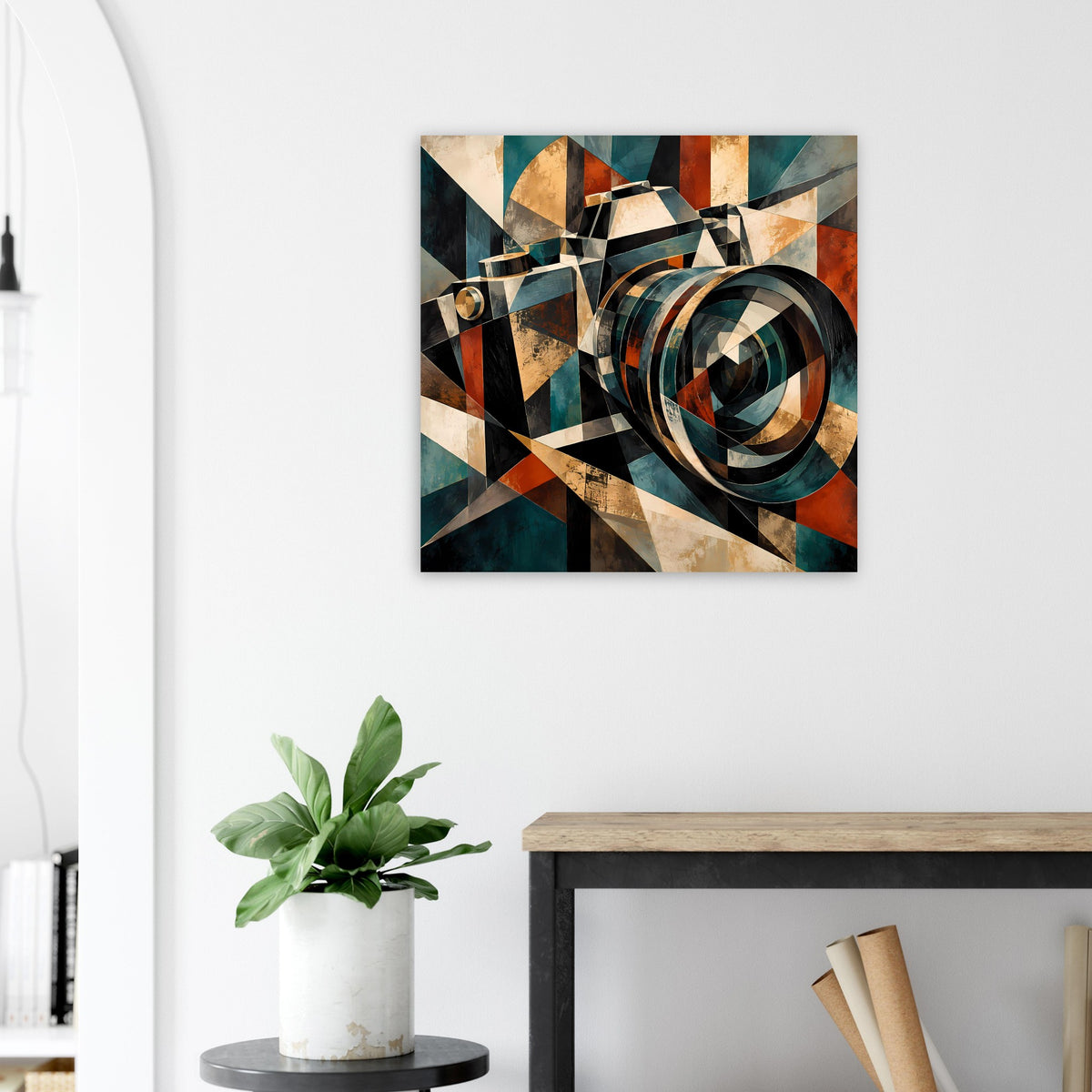 Quadratisches Poster mit geometrischer Retro-Kamera, Petrol-, Rostorange- und Goldakzenten