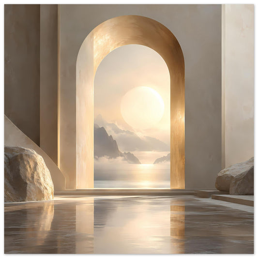 Wandposter mit goldenem Torbogen, Sonnenaufgangslicht über Landschaft mit Meer und Felsen