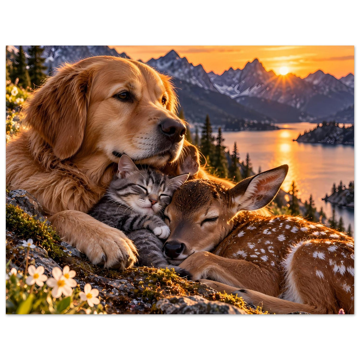 Tierliebe-Poster: goldener Hund mit Katze, Rehkalb schmiegt sich an, Sonnenuntergang im Hintergrund