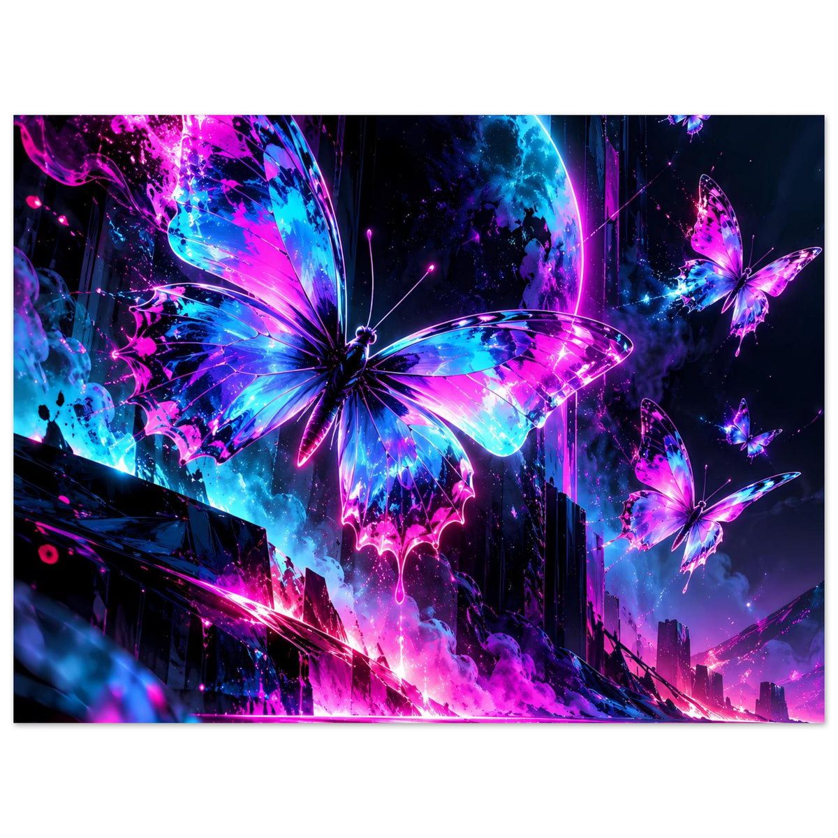 Querformat-Poster: Neon-Schmetterling mit Blau-Pink-Flügeln und weitere Schmetterlinge seitlich