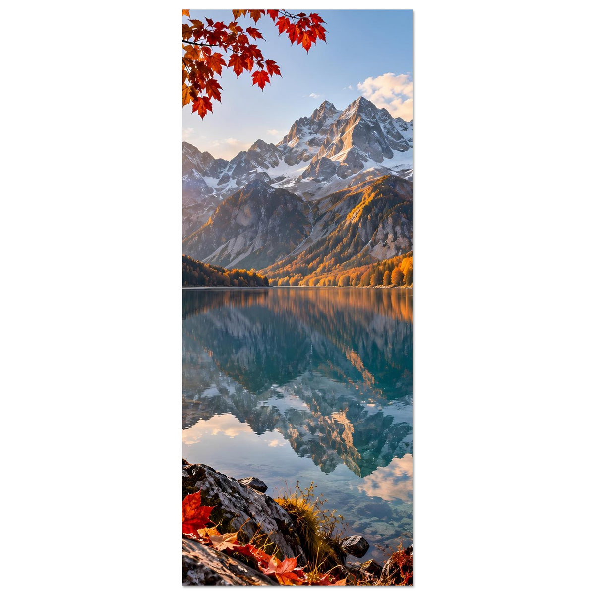 Wandposter im Hochformat mit Herbstlaub, schroffen Bergen und ruhigem Spiegelsee