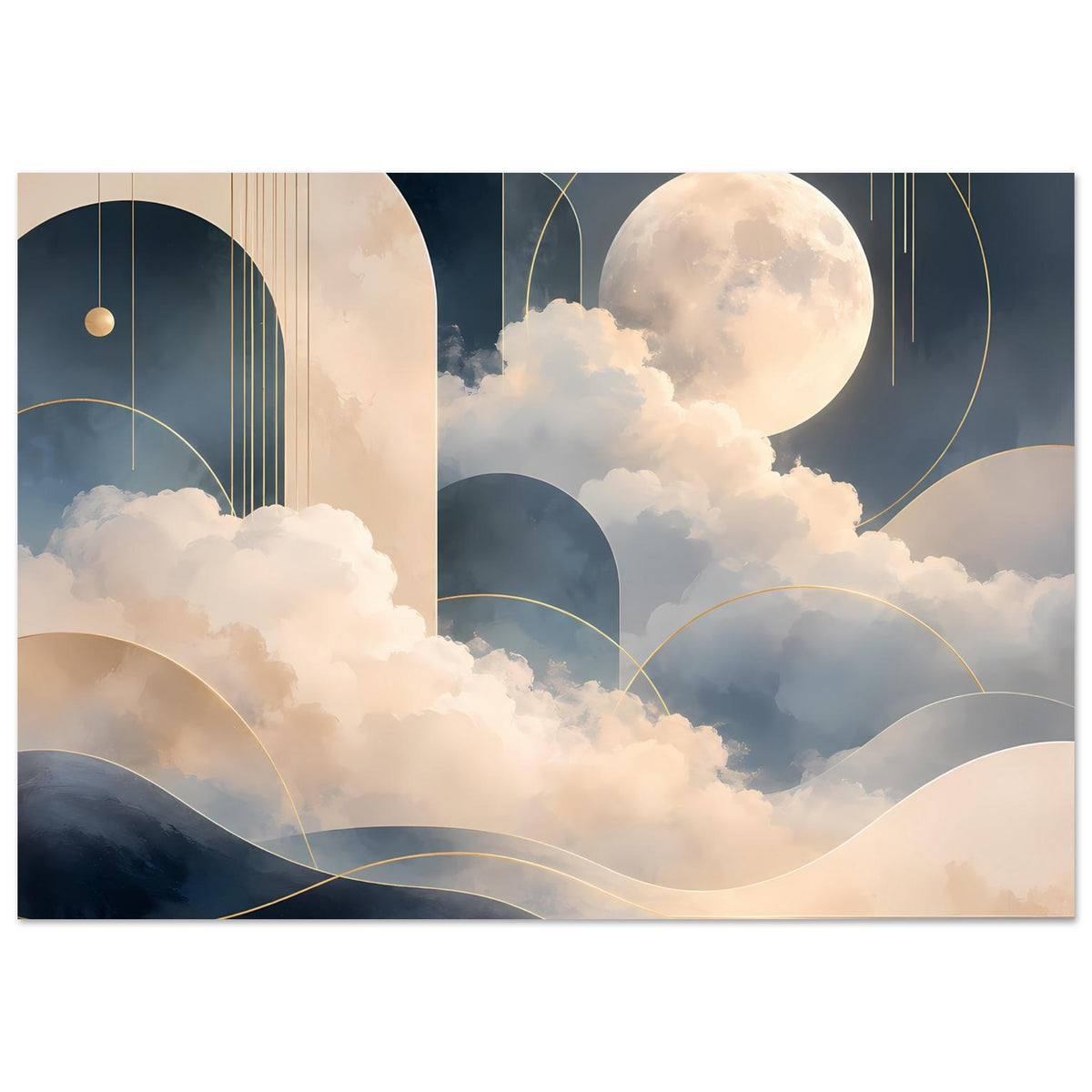 Mondlandschaft-Poster mit hellem Mond, Wolken, dunklen Hügeln und goldenen Linien am Meer