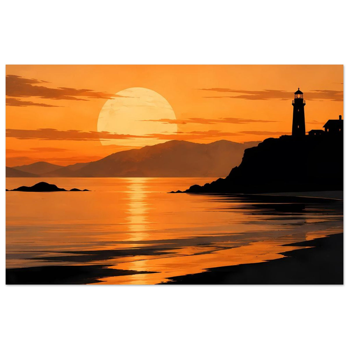 Meer-Küstenposter im Querformat: Sonnenuntergang mit Leuchtturm am Ufer