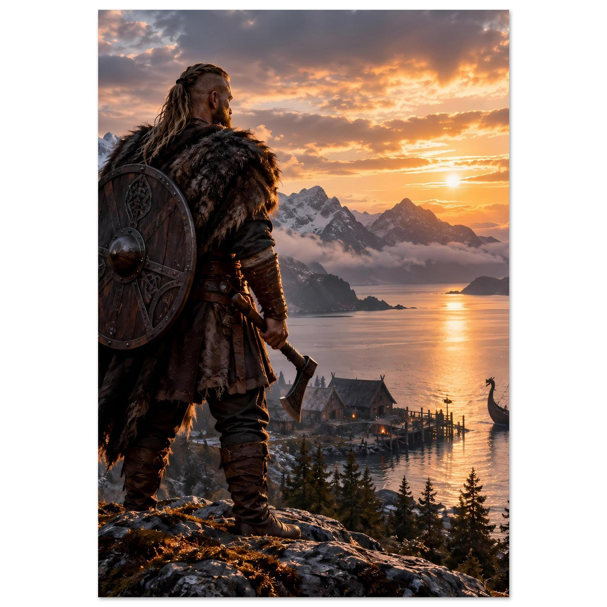 Wikinger-Poster mit Rundschild, Fellumhang und Axt, Fjord bei warmem Licht