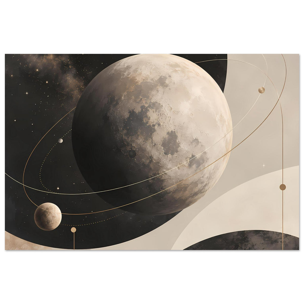 Abstraktes Poster mit Mond, Sternen und goldenen Umlaufbahnen in Beige, Grau und Dunkelbraun