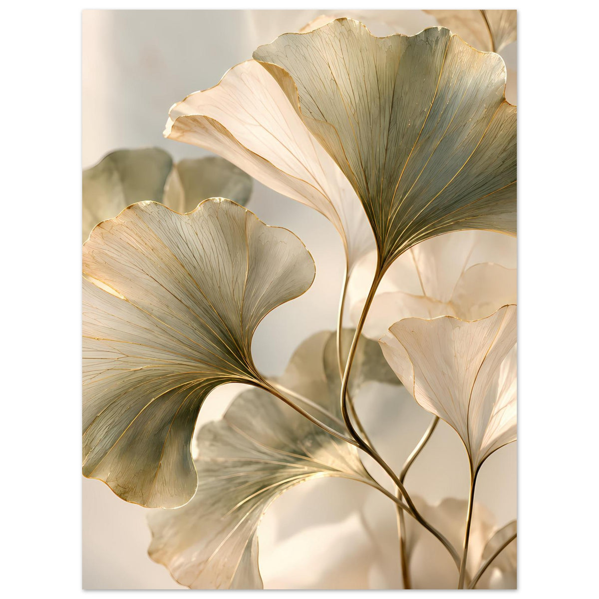 Botanisches Blätterposter mit zentralem großen Blatt in Creme und Gold, feine Blattadern