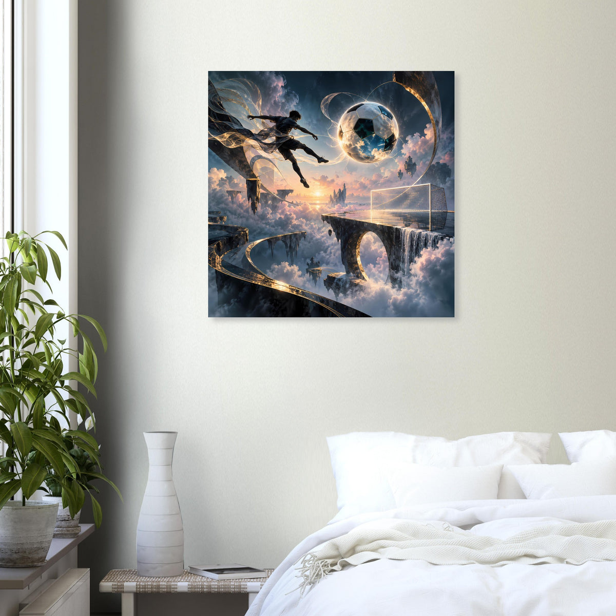 Poster mit Fußballspieler, schwebendem Ball und futuristischer Skyline in Blau