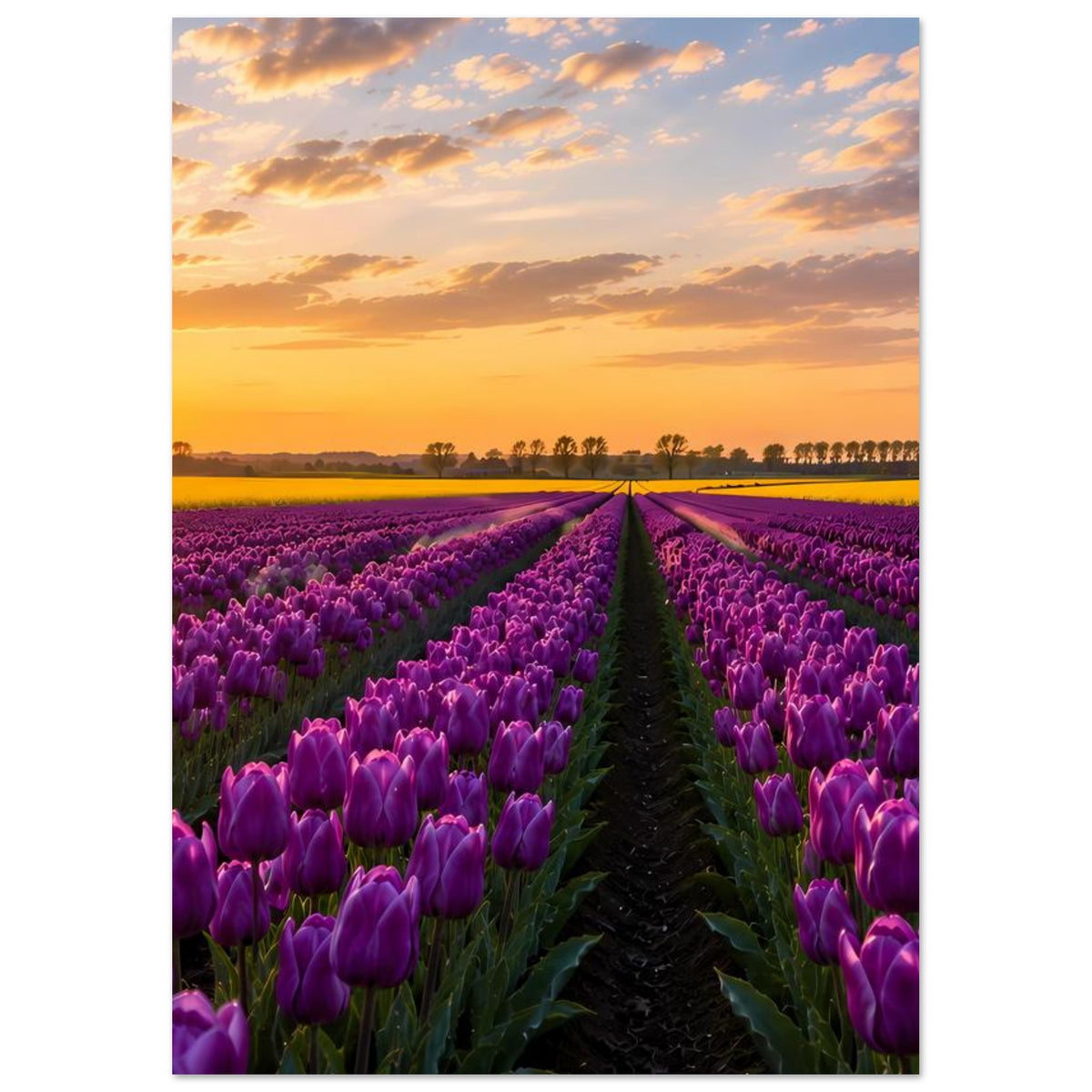Hochkantiges Poster mit violettem Tulpenfeld und goldenem Abendhimmel