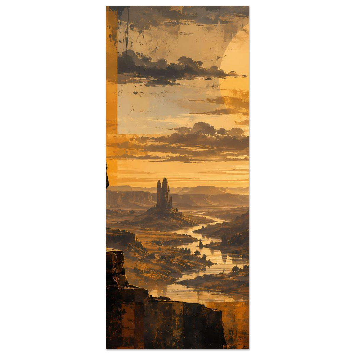 Schmaler Posterabschnitt: Wüstenlandschaft mit Sonnenuntergang, Fluss im Tal