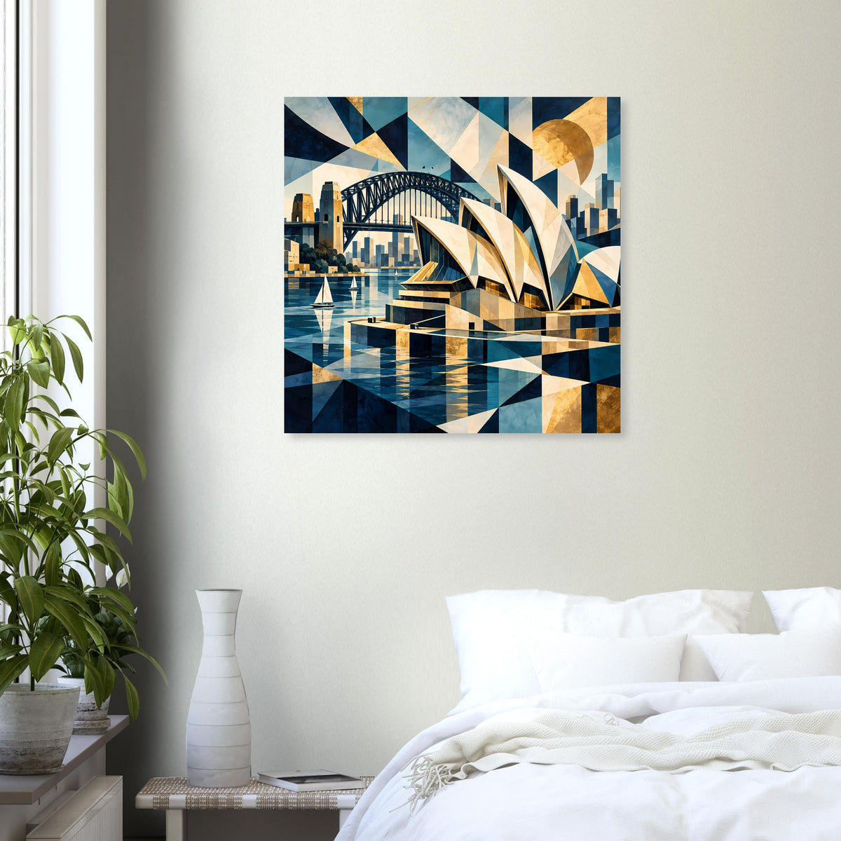 Quadratisches Poster mit geometrischem Hafenmotiv und Brücke, Blautöne und Goldakzente