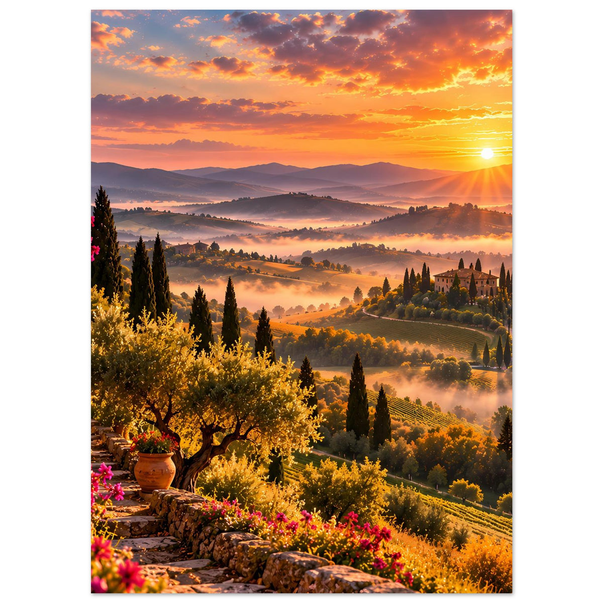 Poster mit toskanischer Landschaft bei Sonnenuntergang, Olivenbäume, blühende Wiesen und Nebel