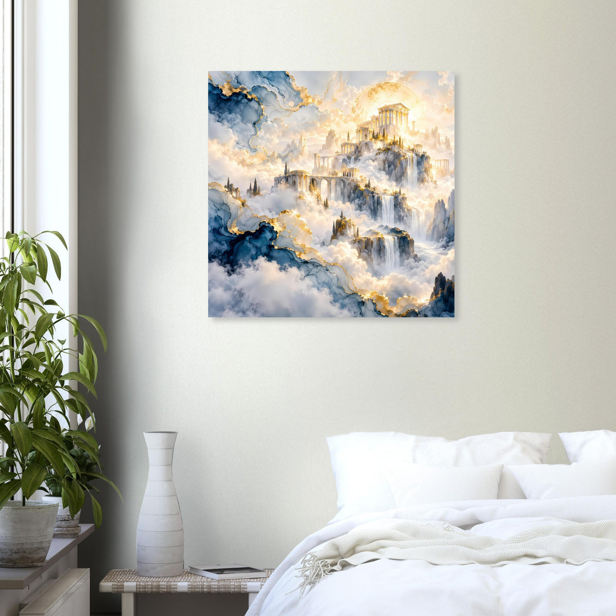 Poster mit dramatischem Wolkenhimmel, goldenen Highlights und mehrstöckigen Gebäuden